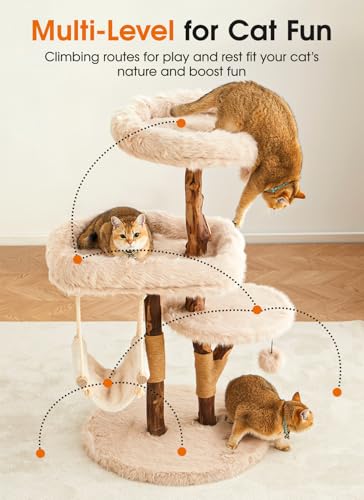 Letkind Modern Cat Tree Tower for Large Indoor Cats, Perches-Natural Solid Wood Cat Tower with Sisal Scratching Post, Perches, Hammock & PlayBalls, Aesthetic Boho Cat Furniture - size: 46" Wood Cat tree