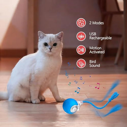 FUNNYDUCK Speed 2.0 Tail Interactive Cat Toys for Indoor Cats – Smart Motion-Activated Rolling Ball with Tail, Chirping Sounds, and USB Rechargeable Design for Enrichment & Exercise - color: Blue tail
