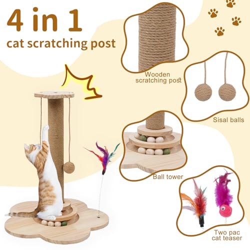 4 inch Wider Design for Large Cats Providing Greater Stability,4-in-1 Wooden Cat Scratcher Toy,Scratching Post&2-Level Track Tower with 8 Balls&2 Sisal Ball&2 Cat Wand Toy(15.8" L x 15.8" W x 19" H) - size: 15.8"L x 15.8"W x 3.1"H