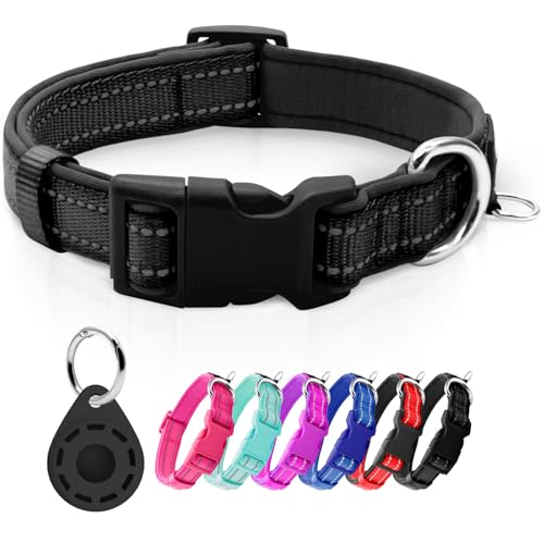 Reflective Dog Collar with Airtag Holder, Soft Neoprene Padded Pet Collar with ID Tag Ring, Adjustable for Small Dogs,Black,S - color: 5#Black（with AirTag Holder）, size: Small (Pack of 1)