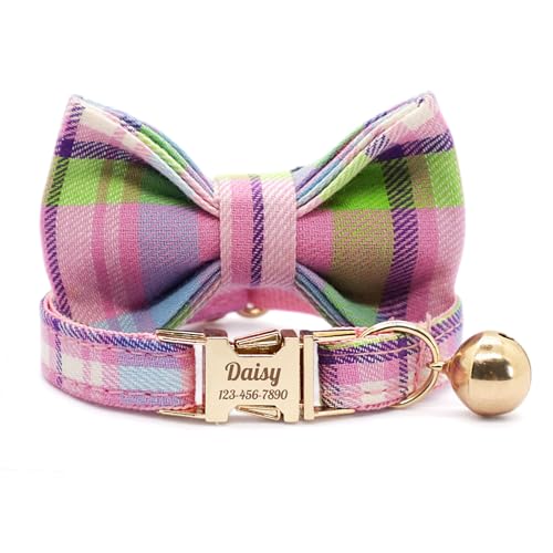 Personalized Plaid Cat Collar with Bell - Non-Breakaway Custom Polyester Kitten Collar with Engraved Name & Phone Number (Pattern 03, S (6.5-10.5 Inches)) - color: Pattern 03, size: S (6.5-10.5 Inches)