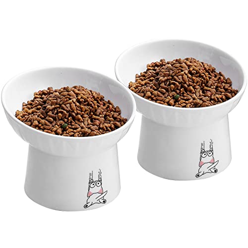 6.5 Inch Extra Wide Ceramic Raised Cat Bowls, Porcelain Tilted Elevated Cat Food Water Bowl Dish, Stress Free Pet Feeder Bowls Dishes for Elder Big Cats & Small Dogs, White - 2 Pack - color: White & White