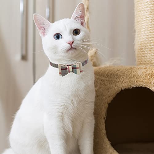 EXPAWLORER Dog Collar and Leash Set - Plaid Dog Collar with Pawprints and Bow Tie, Cat-Friendly, Beige S-M - color: Beige, size: S-M