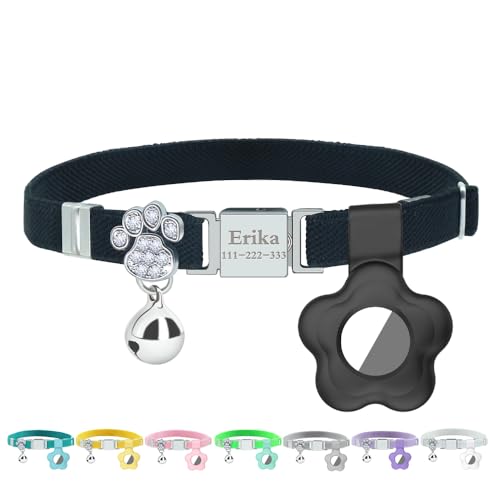 Personalized Safety Elastic Cat Collars with Bell Soft Silicone Cover for Air Tag,Laser Customized Stretch Kitten Collars for Girls Boys Cats (Black) - color: Black