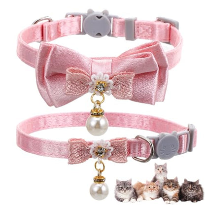 Xinjoduz 2 Pack Pink Cotton Cat Collars for Girl Cats, Cute Pearl Bow Kitten Collar Breakaway Safety Buckle Cats Pet Collars Adjustable from 7.9 to 11.8 Inches