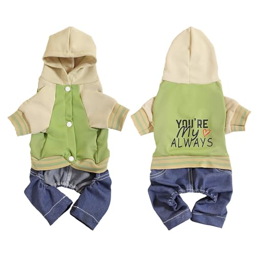 Stylish Printed Dog Hoodie - Windproof Denim Suit with snap Buttons, Cozy Fall Baseball Outfit for Small & Medium Puppies - Hooded pet Clothes for boy & Girl Dogs - color: Green, size: X-Large