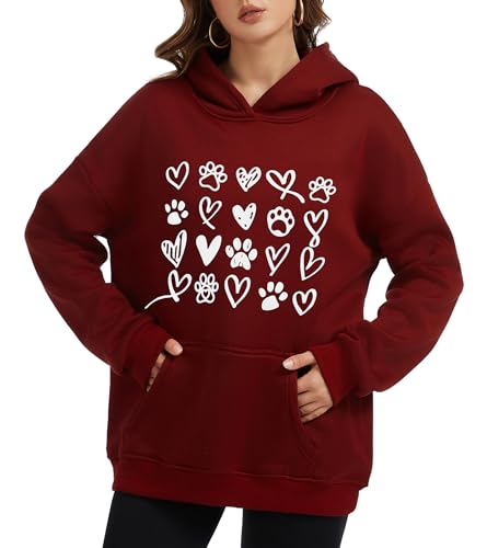 Womens Dog Paw Hoodie-Long Sleeve Pullover Fleece Lined Dog Mom Sweatshirts with Pocket - color: A-dark Red, size: XX-Large