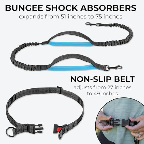 Squirrel Products Hands Free Dog Leash with Hip Belt/Crossbody Strap, Zipper Pouch, and Shock Absorbing Bungee for Walking or Jogging with pet (Black, Blue) - color: Black and Blue