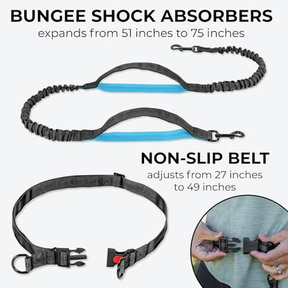 Squirrel Products Hands Free Dog Leash with Hip Belt/Crossbody Strap, Zipper Pouch, and Shock Absorbing Bungee for Walking or Jogging with pet (Black, Blue) - color: Black and Blue