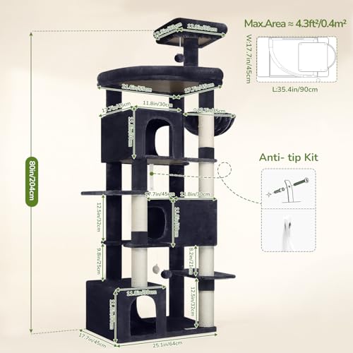 Globlazer 80in Extra Large Cat Tree Tower for Large Adult Cats, Heavy Duty Cat Condo Stand with Oversized Fan-Shaped Perch & 6 Sisal Scratching Posts, S80, Dark Grey - color: Dark Grey