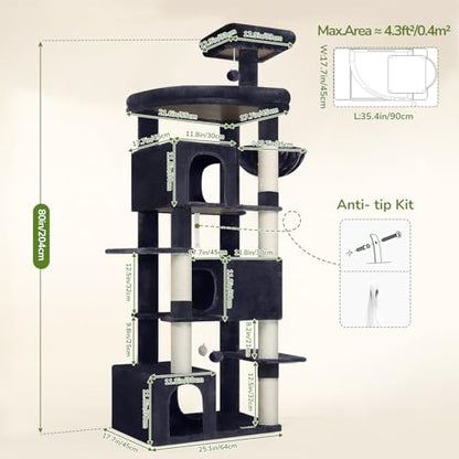 Globlazer 80in Extra Large Cat Tree Tower for Large Adult Cats, Heavy Duty Cat Condo Stand with Oversized Fan-Shaped Perch & 6 Sisal Scratching Posts, S80, Dark Grey - color: Dark Grey