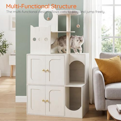 HOOBRO Cat Litter Box Enclosure Furniture for 2 Cats, 2 in 1 Hidden Litter Box Furniture with Sisal Scratching Posts and Dangling Balls, Double Litter Box Cabinet with Cat Tree, Indoor Cat House White