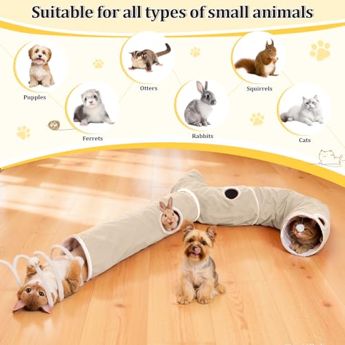 Ownpets 2-in-1 Cat Tunnel, Large Lollipop Shape Cat Tunnel Toy with Fluffy Balls, Spiral Toy, Plush Collapsible Cat Cave Hideout Donut Tunnel for Multi Kitten Puppy Rabbit (Beige) - color: Beige