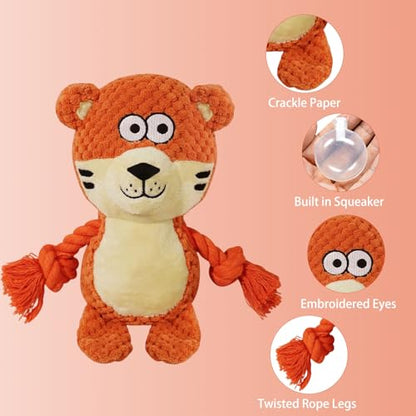 Cute Animals Interactive Squeaky Dog Toy with a Vocal Bladder, Crinkle Paper Stuffed Soft Cotton Chew Toy, Teething Rope Tug of War Pull Toy to Keep Them Busy for Puppy, Small Dogs - Orange Tiger - color: Orange Tiger