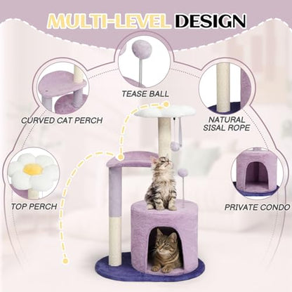 Outvita Cat Tree 33in Small Cat Tower, Multi-Level Cat Tree Tower with Cat Scratching Post and Curved Perch, Cozy Cat Condo, Padded Top Bed for Kittens and Indoor Cats, Purple - size: 33" Purple