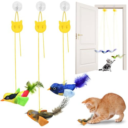 Interactive Cat Toys for Indoor Cats, Retractable Door Hanging Cat Toys with Catnip and Feathers, 3 Pack Chirping Bird Cat Toy for Chase Exercise Boredom Buster for Kittens & Adult Cats