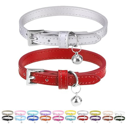 PUPTECK 2 PCS Soft Genuine Leather Cat Kitten Collar with Bells Adjustable for Girl Boy Cats Puppy - Red, Silvery - color: Red&Silvery