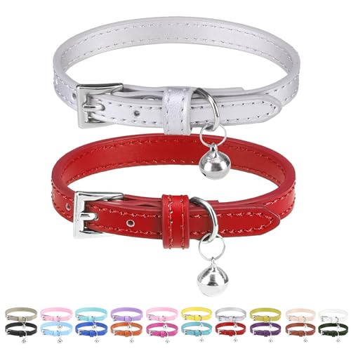 PUPTECK 2 PCS Soft Genuine Leather Cat Kitten Collar with Bells Adjustable for Girl Boy Cats Puppy - Red, Silvery - color: Red&Silvery