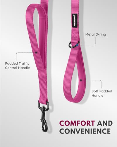 Dog Leash 6FT - Heavy Duty Dog Leash with Traffic Padded Double Handles - Safety Control Traning Leash for Large Medium Dogs - color: Pink