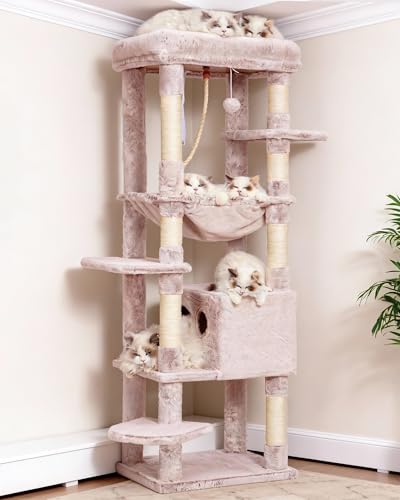 Heybly Cat Tree for Large Cats 20lbs Heavy Duty,60 inches XXL Cat Tower for Indoor Cats, Multi-Level Furniture Condo with Big Padded Plush Perch, Cozy Basket, Muchroom HCT050MU - color: Muchroom, size: 60 inch