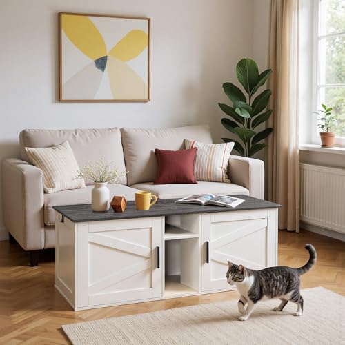 HOOBRO Double Litter Box Enclosure, Modern Cat Litter Box Furniture with Storage and Mat Design, Farmhouse Hidden Litter Box Enclosure with 2 Hooks, White and Charcoal Gray BW23MW01 - color: White + Charcoal Gray