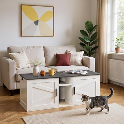 HOOBRO Double Litter Box Enclosure, Modern Cat Litter Box Furniture with Storage and Mat Design, Farmhouse Hidden Litter Box Enclosure with 2 Hooks, White and Charcoal Gray BW23MW01 - color: White + Charcoal Gray