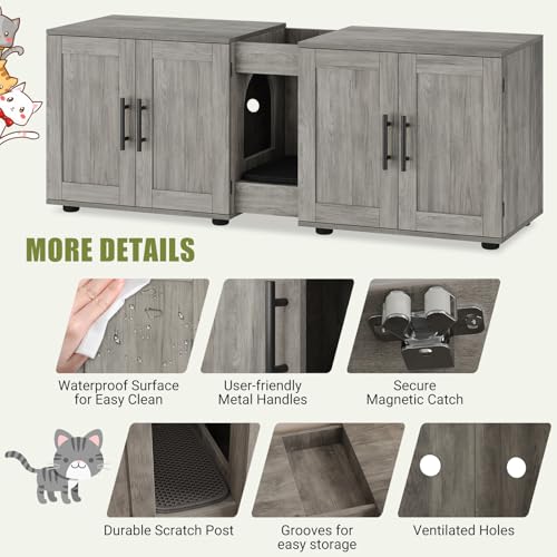 Garvee Cat Litter Box Enclosure for 2 Cats, 55" Hiddden Litter Box Enclosure Furniture 3-in-1 Wooden Litter Cabinet with Barn Door & Double Rooms for Bedroom Living Room, Gray - color: Gray