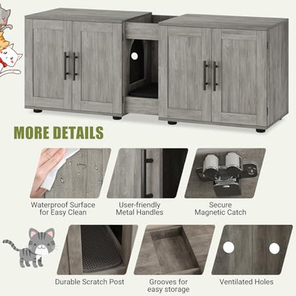 Garvee Cat Litter Box Enclosure for 2 Cats, 55" Hiddden Litter Box Enclosure Furniture 3-in-1 Wooden Litter Cabinet with Barn Door & Double Rooms for Bedroom Living Room, Gray - color: Gray