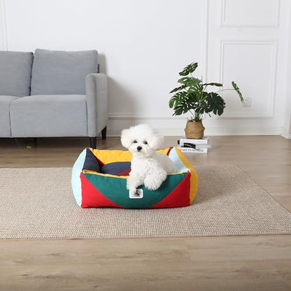 Cotton Canvas Dog Bed, Cute Dog Beds for Small Dogs, Puppy Bed with Washable Removable Cover, Durable 290 GSM Cotton Anti-Chewing Pet Bed with Anti-Slip Bottom (24"x20"x8", Red&Yellow&Green) - color: Red+Green+Yellow, size: Small
