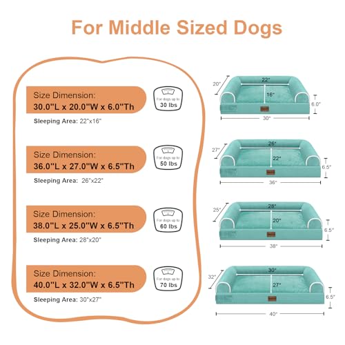 Medium Large Dog Bed Orthopedic Washable: Beds Bolster Medium Large Sized Dog Bed Egg Crate Foam Couch Sofa Waterproof with Removable Cover - Aqua Blue - color: Aqua Blue, size: 30.0"L x 20.0"W x 6.0"Th