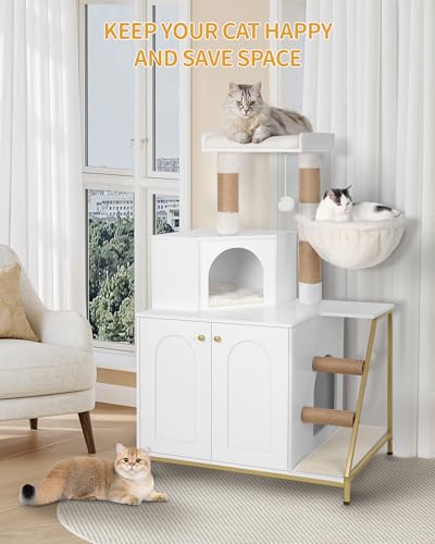 Hzuaneri Cat Litter Box Enclosure with Cat Tree, 4-in-1 Modern Cats House with Large Platform, Cats Condo with Sisal Scratching Mat, Posts, Stairs and Pompom, Washable Cushions, White Gold CB81013A - color: White and Gold