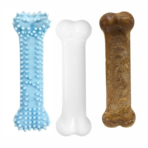 Nylabone New Puppy Starter Kit, Chew Toys & Natural Chew Treat for Puppies, Puppy Enrichment Teething Toys, Blue, Long Lasting Chicken & Bacon Flavor, Small Dogs - Up to 25 Ibs, 3 Pack - color: Blue, size: Small