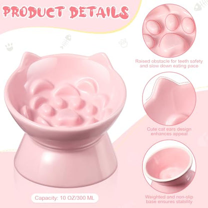 Funnymoom 2 Pcs Ceramic Raised Slow Feeder Cat Bowl, 5.91inch Elevated Cat Slow Feeder Bowl Tilted Anti Vomiting for Dry Wet Food and Water Easy to Clean High Edge(Pink, Blue) - color: Pink, Blue