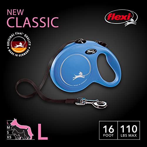 FLEXI New Classic Tape Retractable Dog Leash for Large Dogs Upto 110 lbs. – 16 ft., Blue | Tangle Free Pet Walking Leash with One-Handed Brake, Pause, Lock|German Quality Product - color: Blue, size: Large - 16 Feet (Tape)
