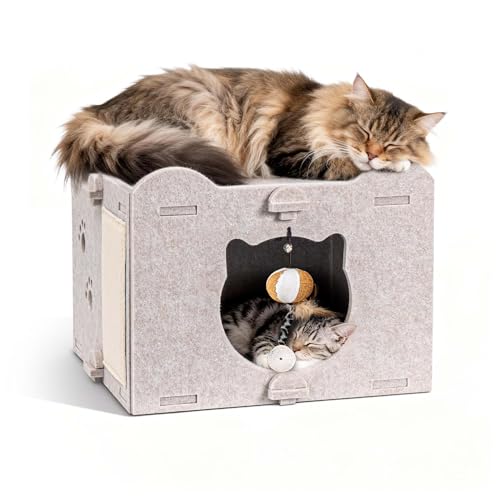 Yesday Detachable Felt Cat Bed Condo Shelter House for Indoor Use, Durable and Warm Flannel, Cozy Shelter with Built-in Scratching Board and Bonus Cat Toys (Camel) - color: Camel