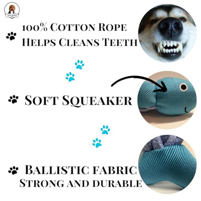 Fish Dog Toy with Rope - Fun for Some Small, Medium, and Large Breeds - Squeaky Playtime by HappyDoggys