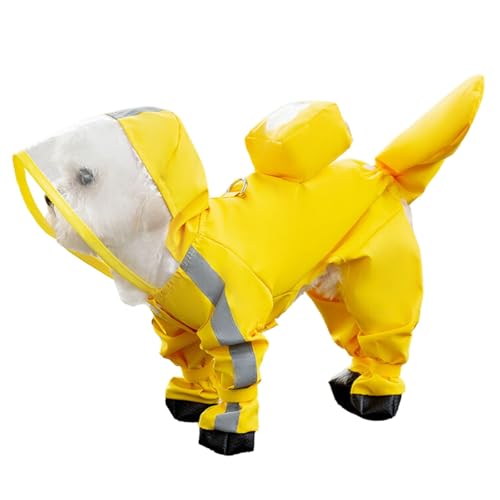 Junchl Small Dog Raincoat Rainboots with D-Ring, Full Coverage Dog Rain Jacket Slicker Poncho, Waterproof Dog Rain Jacket with Reflective Strip, Rainboot, Tail Cover Yellow Backpack 2XL - color: Yellow Backpack, size: 2XL:Back 18"(16-20lb)
