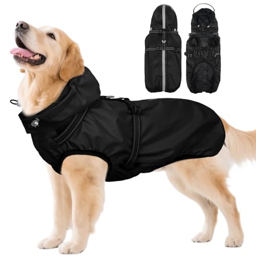 Dog Raincoats for Large Dogs with Hood, Waterproof Dog Rain Jacket with Adjustable Built-in Harness & Back Zipper, Reflective Strip, Removable Hood,for Rainy Walks, Muddy Roads - Black XXXL - color: Black, size: XXX-Large
