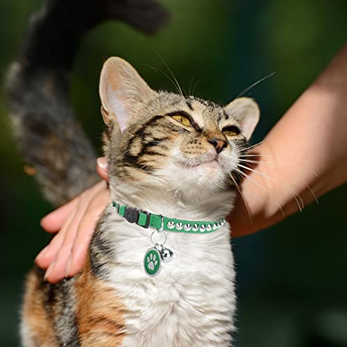 Leather Personalized Breakaway Cat Collar with Studded Bell and Safety Quick Release Buckle - Rivets Studded ID DIY Collars for Boy Girl Cats Kittens, 9" - 11.5" Green - color: Green, size: 9"-11.5"
