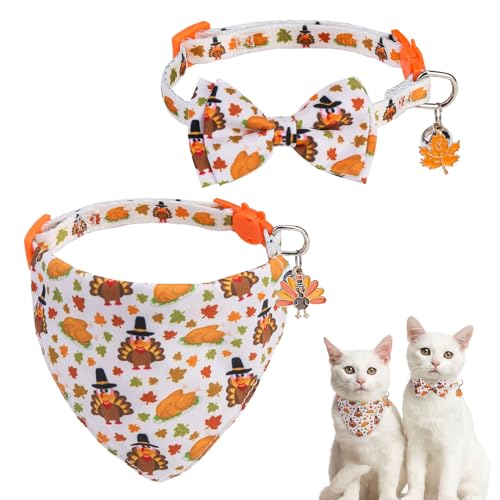 SCENEREAL Fall Thanksgiving Cat Bandana Collar with Bell Bowtie - 2 Pack Breakaway Kitten Collars, Adjustable Cute Pet Accessories for Cats and Small Dogs - color: Bandanas & Bow (Thanksgiving Print)