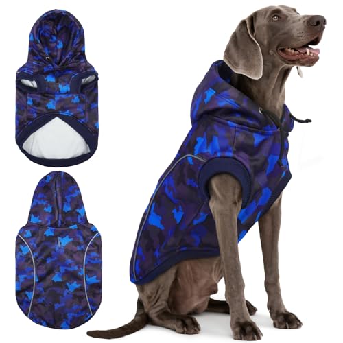 IECOii Dog Hoodie for Large Dogs, Fleece Lined Dog Sweatshirt Pullover with Leash Hole and Reflective Stripes, Windproof Warm Hoodie for Dogs Girl Boy, Fall Winter Outdoor Hoodies, Blue Camo, XXL - color: Blue, size: XX-Large