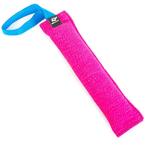 Bull Fit K9 Dog Bite Tug Toy with Strong Handle - Made of Durable & Tear-Resistant French Linen - Perfect for Tug of War, Fetch & Puppy Training - Ideal for Medium to Large Breeds - color: Pink Bite Tug with Blue Handle