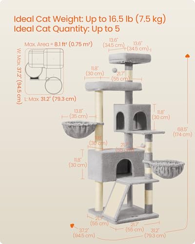 Feandrea Cat Tree, 68.5-Inch Tall Cat Tower, Multi-Level Plush Condo with Large Perch, Scratching Posts, Double Caves, Dove Gray UPCT006G01 - color: Dove Gray