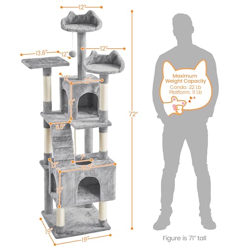 Yaheetech XL Cat Tree, 72in Multi-Level Cat Tower with 2 Cozy Caves, 3 Soft Perches, Scratching Posts, Board, and Dangling Ball, Pet Furniture Play House for Kittens/Cats, Light Gray - color: Light Gray