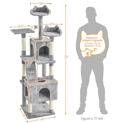 Yaheetech XL Cat Tree, 72in Multi-Level Cat Tower with 2 Cozy Caves, 3 Soft Perches, Scratching Posts, Board, and Dangling Ball, Pet Furniture Play House for Kittens/Cats, Light Gray - color: Light Gray