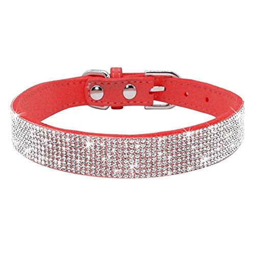 Rhinestone Dog Collar, Cute Dazzling Sparkling Soft Suede Leather Adjustable Pet Dog Cat Collar Crystal Diamond for Puppy Small Medium Large Dogs (XXS:15-21 cm, Red) - color: Red, size: XXS:15 - 21 cm