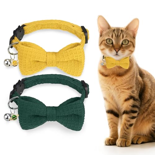 Cat Collar Breakaway with Bells, Soft Cotton Green Cat Bowtie Collar for Girl Boy Cats, Small Cats Collar with Bow for Spring Summer,2 Pack Cute Kitten Collars with Removable Bowtie 8-12Inch - color: Mustard Yellow + Forest Green