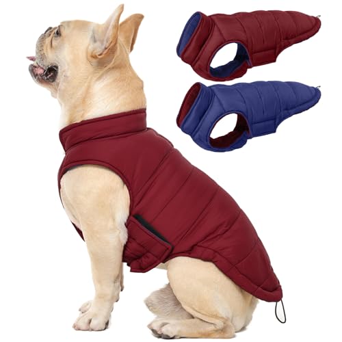 QBLEEV Reversible Dog Coat for Medium Dogs, Waterproof Windproof Winter Jacket Keeps Dogs Warm in Snow, Adjustable Hook & Loop Lightweight Dog Puffer Vest, Wine Red, L – Fits French Bulldog - color: Date-Red, size: Large