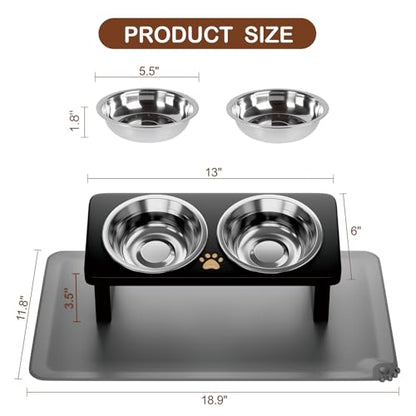 Elevated Cat Bowls with Silicone Mat, 15° Tilted Solid Wood Stand, Raised Stainless Steel Food & Water Dishes for Cats and Small Dogs, Anti-Vomiting Design(Black) - color: Black