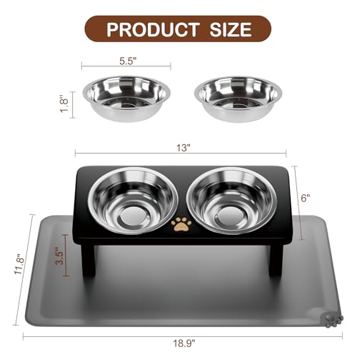 Elevated Cat Bowls with Silicone Mat, 15° Tilted Solid Wood Stand, Raised Stainless Steel Food & Water Dishes for Cats and Small Dogs, Anti-Vomiting Design(Black) - color: Black